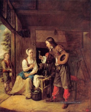 Ein Mann bietet ein Glas Wein zu einer Frau Genre Pieter de Hooch Ölgemälde